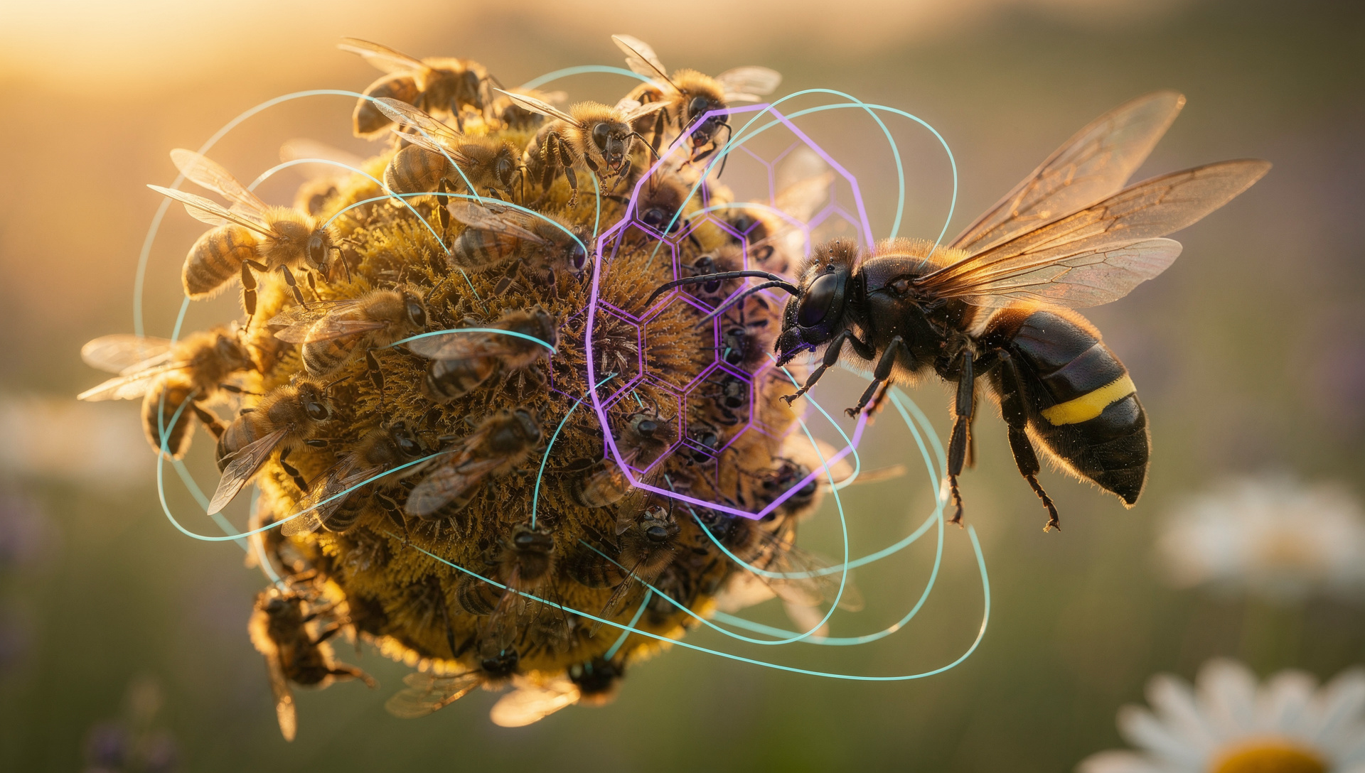 Honeybees forming a heat-ball around an Asian hornet, with cyan holographic containment filaments — the biological model for collective cyber-incident response.