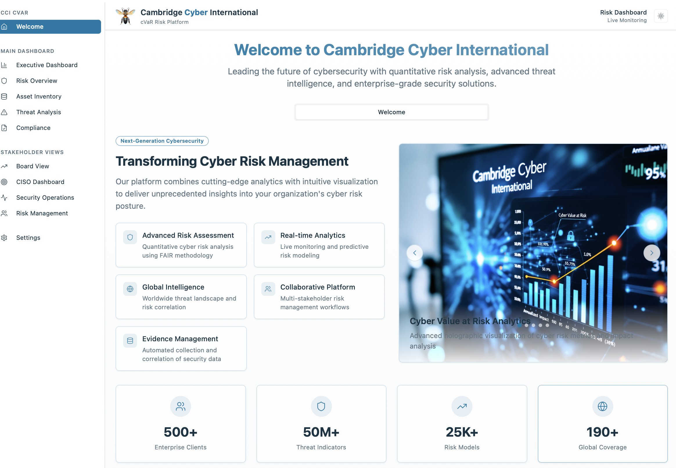 cVaR Risk Platform — executive welcome screen with full navigation and live KPIs