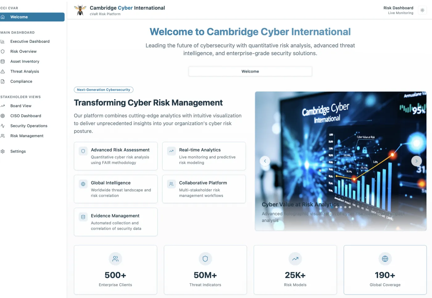 cVaR Risk Platform - executive welcome screen with full navigation and live KPIs