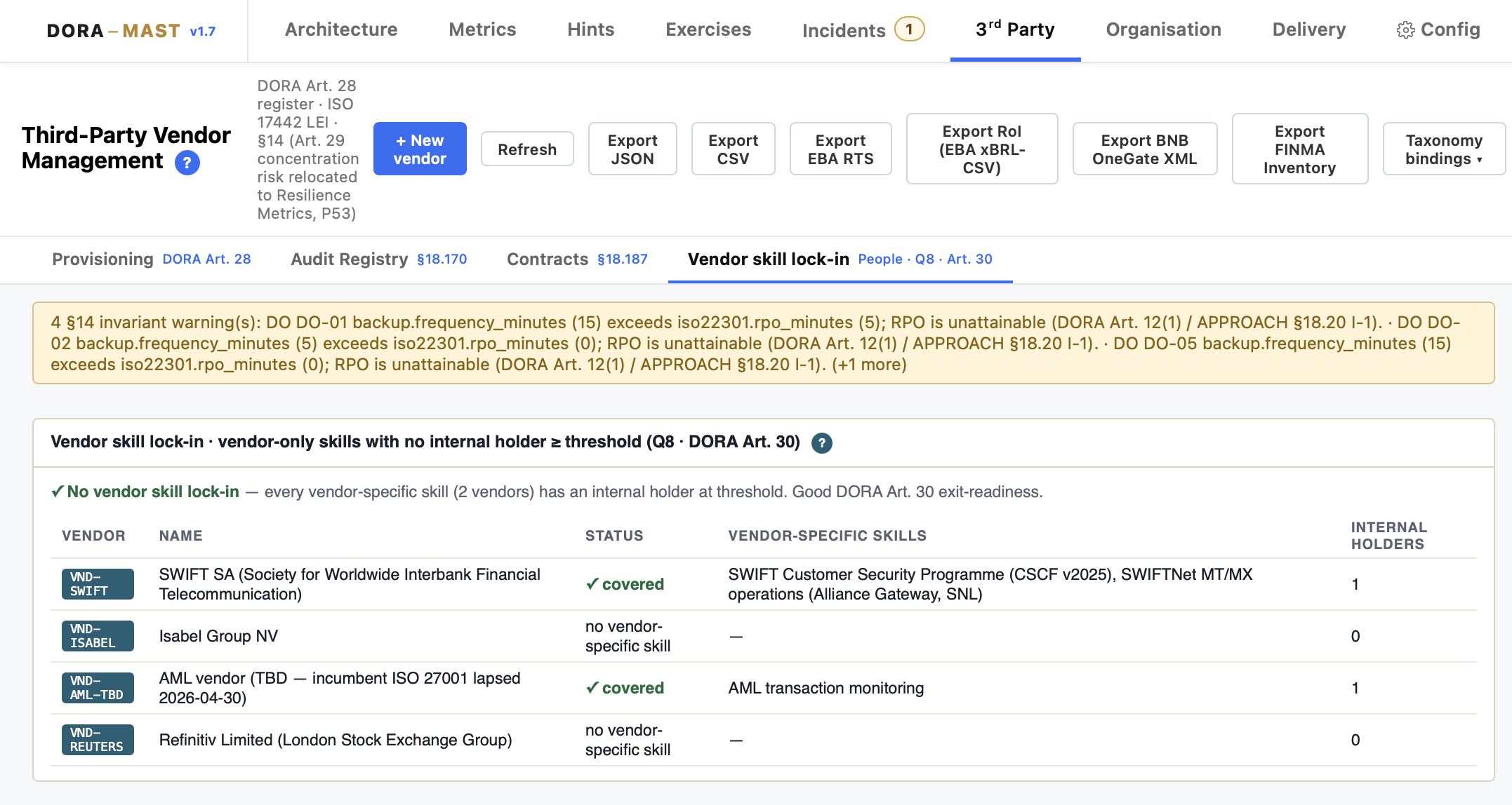 DORA-MAST Third-Party tab — vendor skill lock-in analysis for SWIFT SA, Isabel Group and AML vendor per DORA Art. 28-30