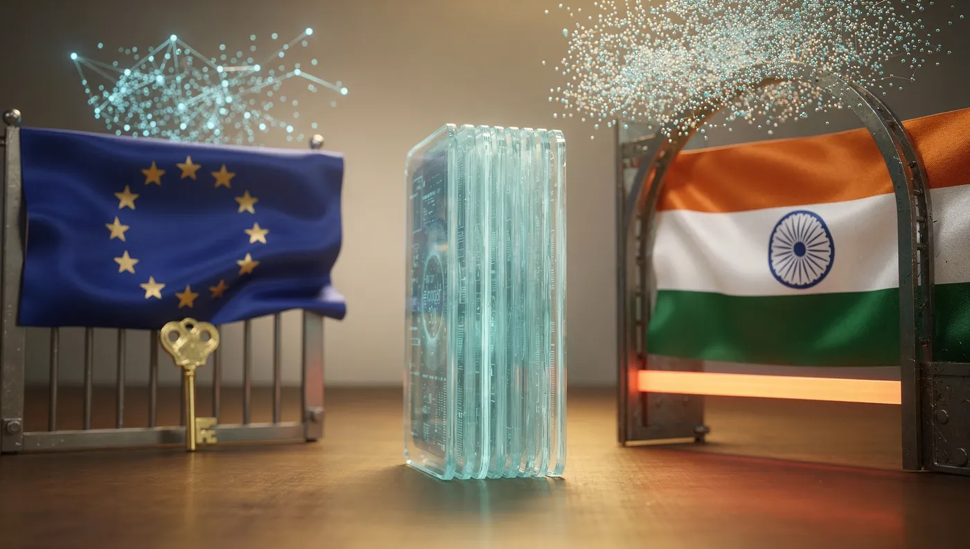 Zwei stilisierte Rechtssiegel über einem gemeinsamen Datenbestand: ein europäischer Sternenkranz in Cyan und ein tiefviolettes indisches Emblem, verbunden durch einen einzigen pergamentfarbenen Kanal fließender Daten, das eine Regime auf Übermittlungen mit Verbot als Standard, das andere auf Erlaubnis als Standard.